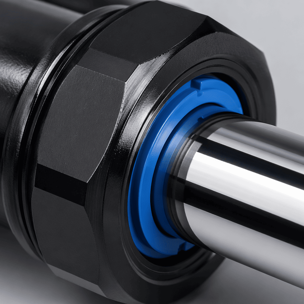 High-precision gland nut and PTFE seal assembly on hydraulic steering ram